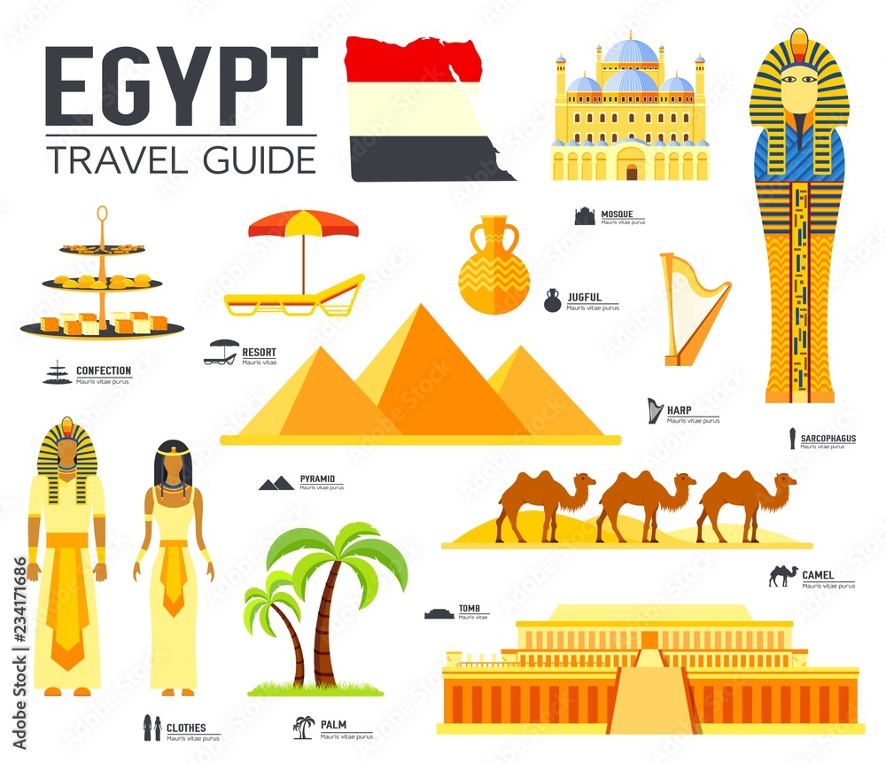 Country Egypt travel vacation guide of goods, places and features. Set of architecture, people, culture, icons background concept. Infographics template design for web and mobile. On flat style.