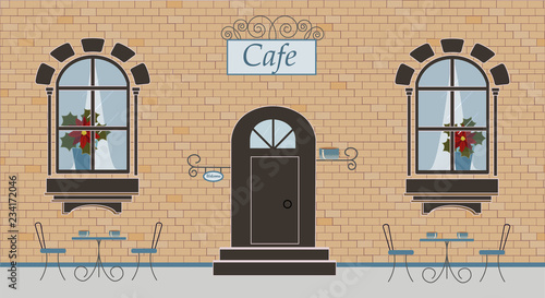 Pretty scenery in a rustic style. A facade of cafe, brick wall, two windows, door, stairs, red flowers, curtains. The cute tables with cups of coffee or tea and chairs. Vector illustration