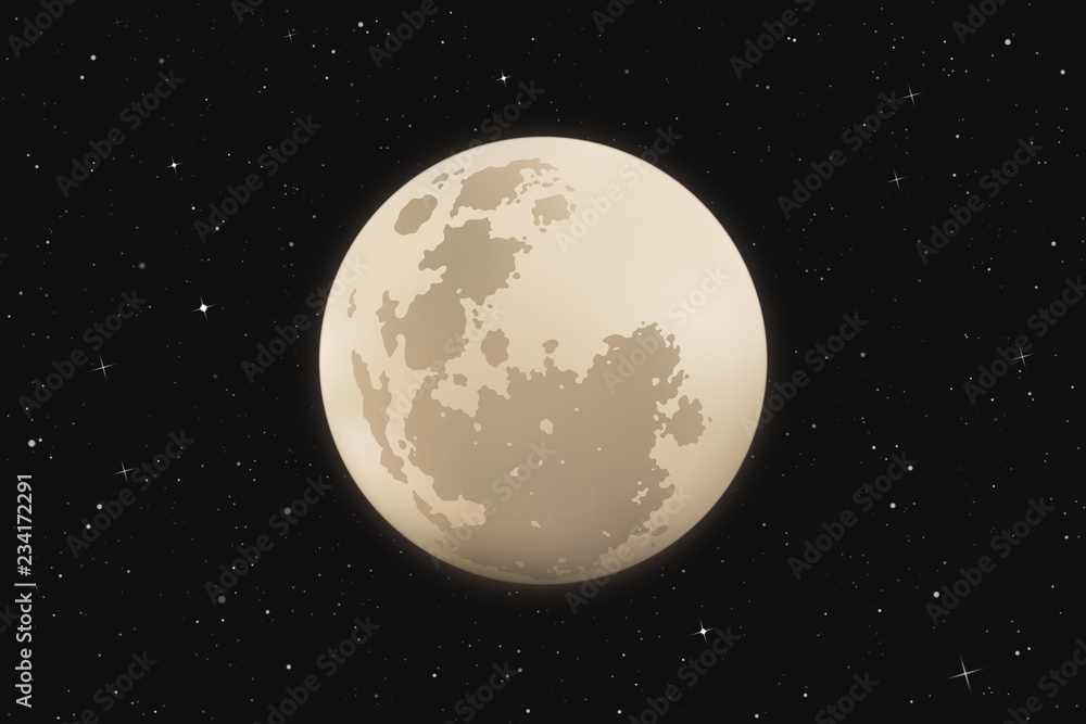 Obraz premium Vector illustration with full moon in night starry sky. Space background with Earth Satellite. White luminous heavenly body