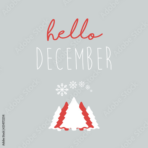 Hello december vector illustration with hand written text and winter icons.