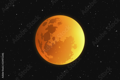 Vector illustration with full moon in night starry sky. Space background with Earth Satellite. Yellow luminous heavenly body