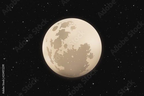 Vector illustration with full moon in night starry sky. Space background with Earth Satellite. White luminous heavenly body