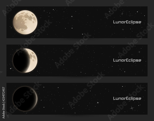 Set of horizontal banners with full moon in night starry sky. Space background with Earth Satellite. Cards for design with white luminous heavenly body.