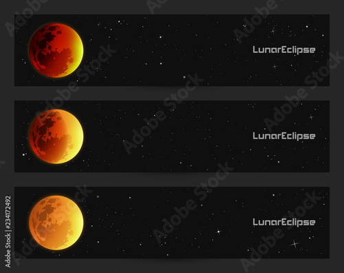 Set of horizontal banners with full moon in night starry sky. Space background with Earth Satellite. Cards for design with yellow luminous heavenly body