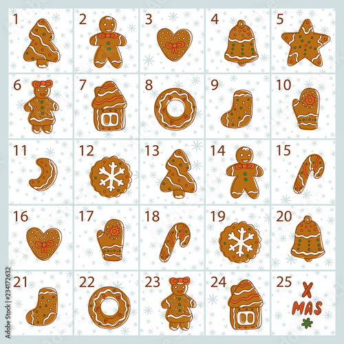 Christmas advent calendar. Hand Drawn Doodle Gingerbread. Xmas Cookies. Merry Christmas Vector Holiday card template