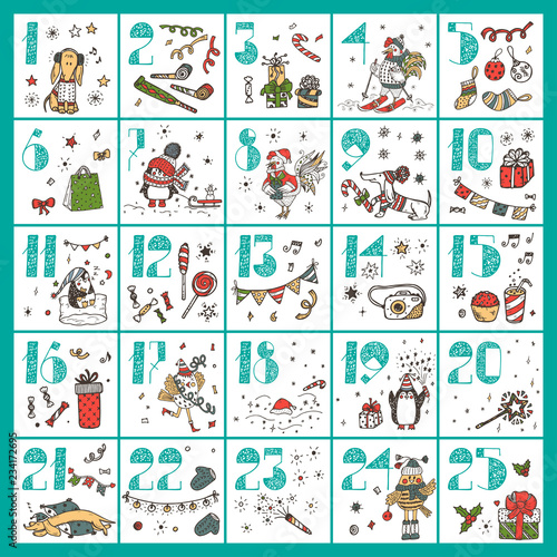 Christmas advent calendar. Hand Drawn Doodle Christmas characters and decorations. Holiday Set
