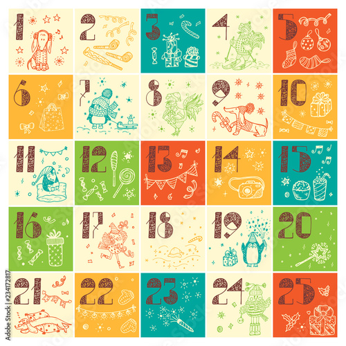 Christmas advent calendar. Hand Drawn Doodle Christmas characters and decorations. Holiday Set