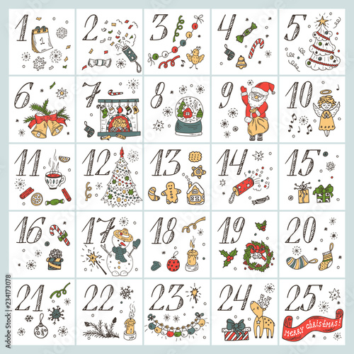 Christmas advent calendar. Hand Drawn Doodle Christmas characters and decorations. Holiday Set