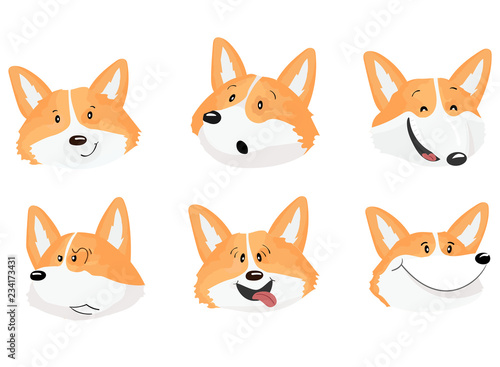 Set of six emotional faces of corgi dog.