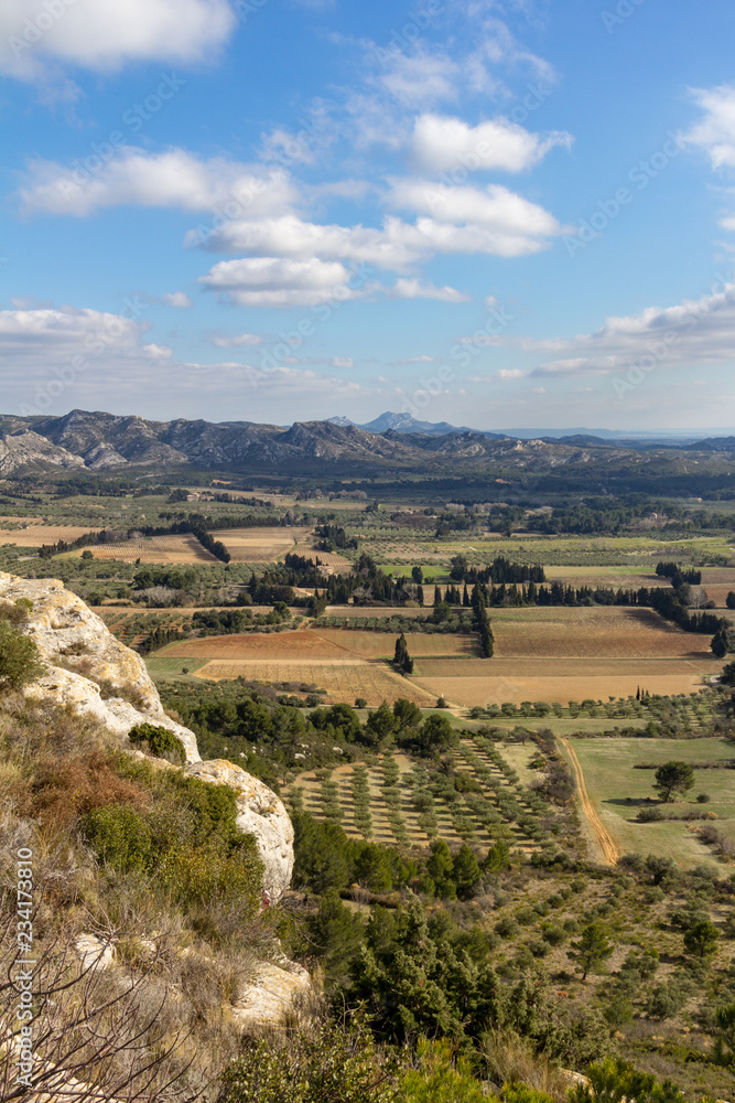 Fototapeta premium The valley between Les Baux de Provence and the Alpilles mountains are dotted with farms