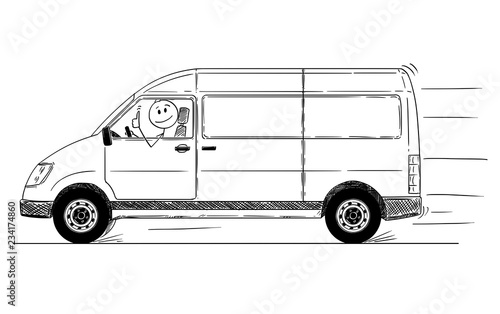 Cartoon stick drawing conceptual illustration of driver of fast driving generic delivery van showing thumbs up gesture.