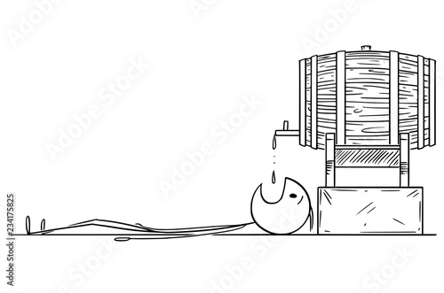 Cartoon stick drawing conceptual illustration of drunk man lying on the ground under wine or beer wooden barrel or keg and catching falling drops by his mouth.
