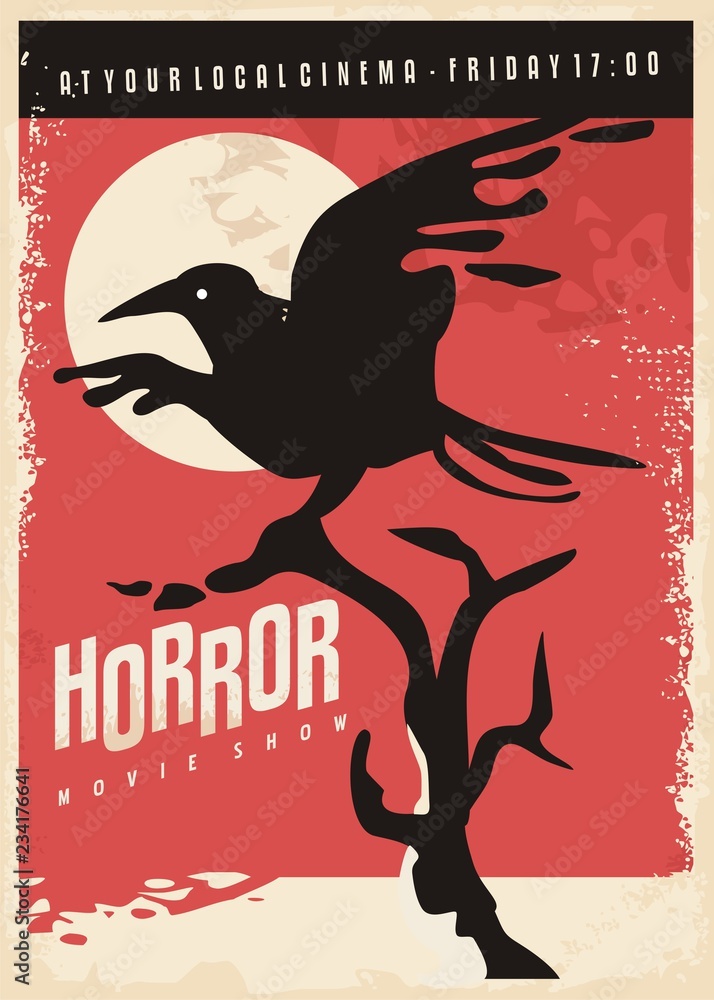 Naklejka premium Horror movies retro poster design with black raven on red background. Vintage flyer with crow bird.