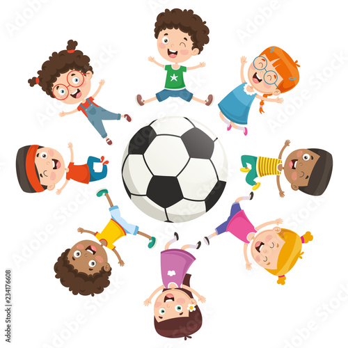 Vector Illustration Of Kids Playing Around A Ball
