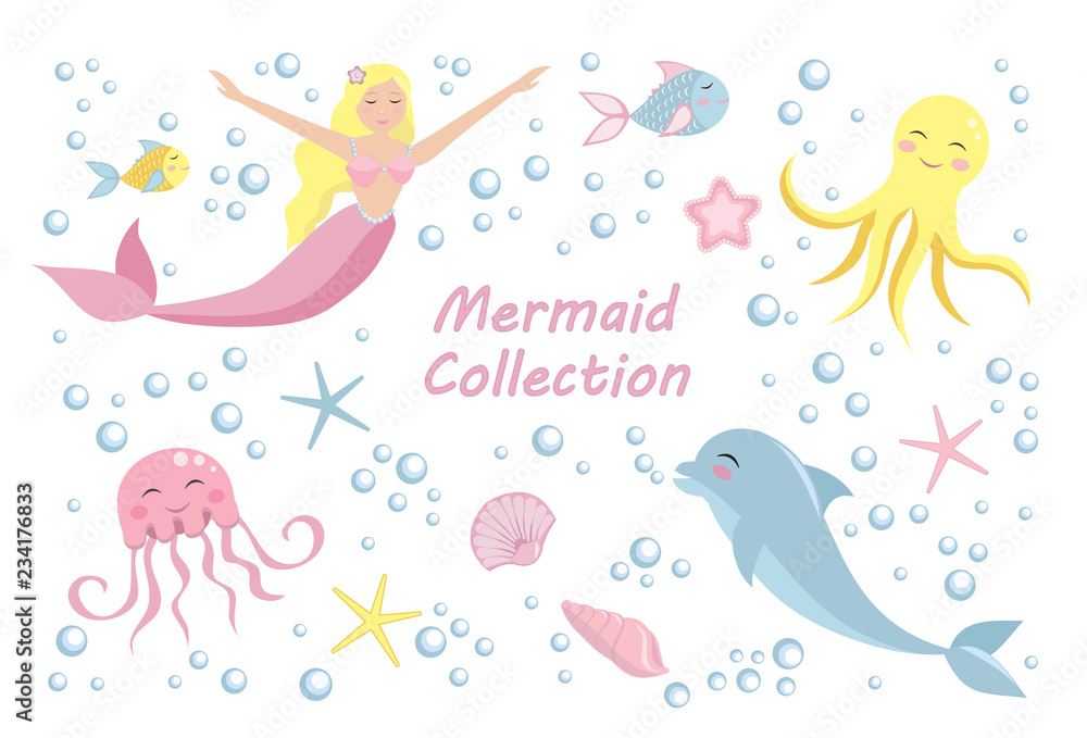 Cute set mermaid and dolphin, octopus, fish, jellyfish. underwater world collection