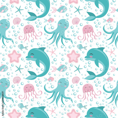 Cute seamless pattern with sea animals. Octopus, dolphin, jellyfish, shell, fish starfish Undersea world