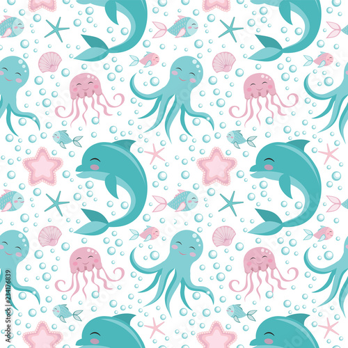 Cute seamless pattern with sea animals. Octopus  dolphin  jellyfish  shell  fish starfish Undersea world