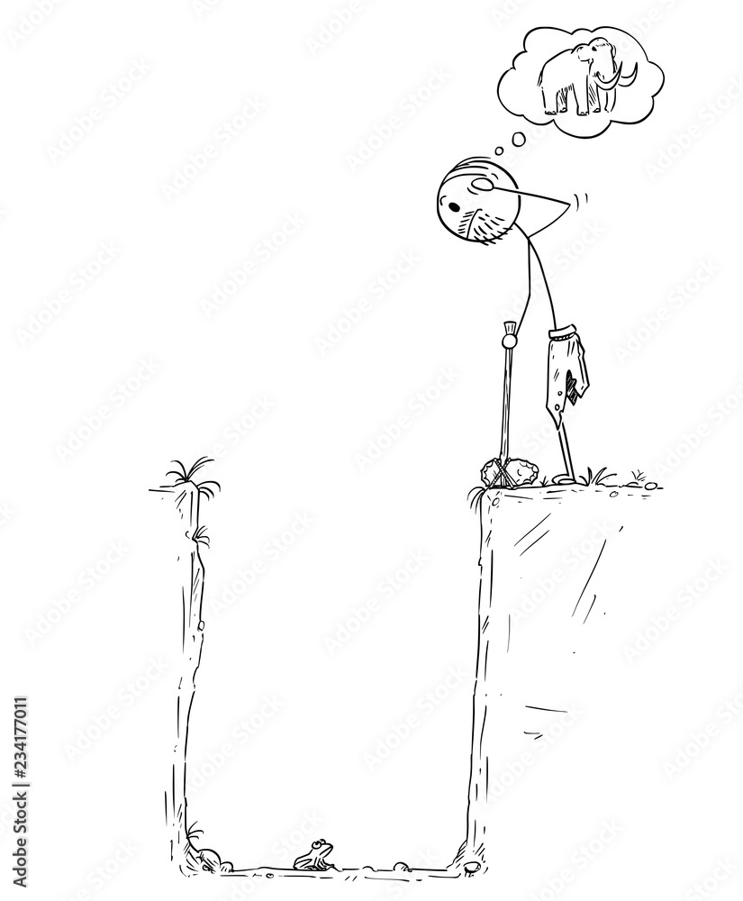 Fototapeta premium Cartoon stick drawing conceptual illustration of prehistoric man or caveman who catch small frog in pitfall instead of mammoth. Concept of hard livelihood and hunger.
