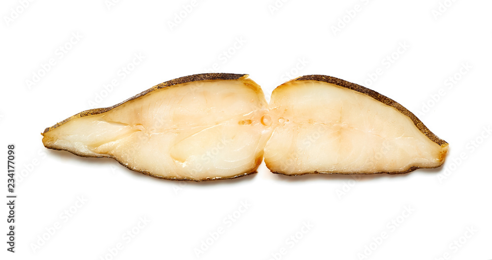 Slice of cold smoked halibut isolated on white background. Slice of cold smoked halibut isolated on white background.