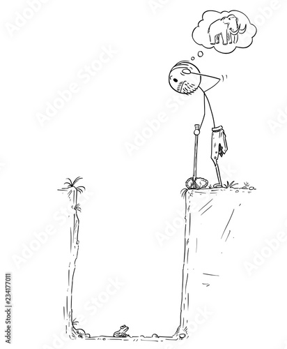 Cartoon stick drawing conceptual illustration of prehistoric man or caveman who catch small frog in pitfall instead of mammoth. Concept of hard livelihood and hunger.