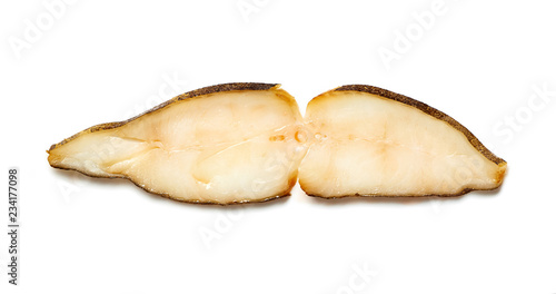 Slice of cold smoked halibut isolated on white background.