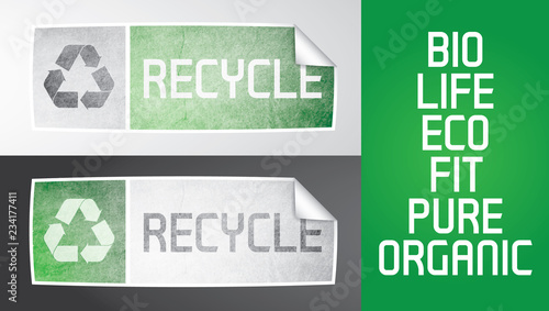 Two vector sticker with recycle theme. Recycle logos, grunge effect, gradients, additional text. All elements are editable, grunge effect made with opacity mask.