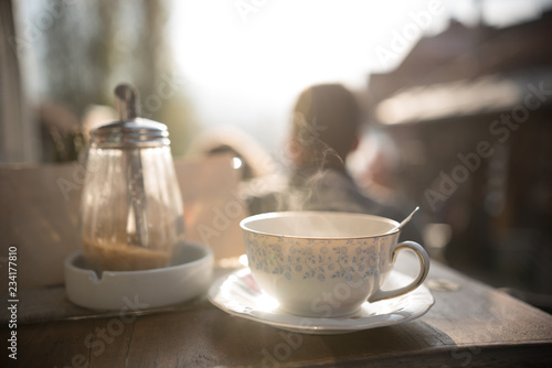 cup of tea on wooden table 