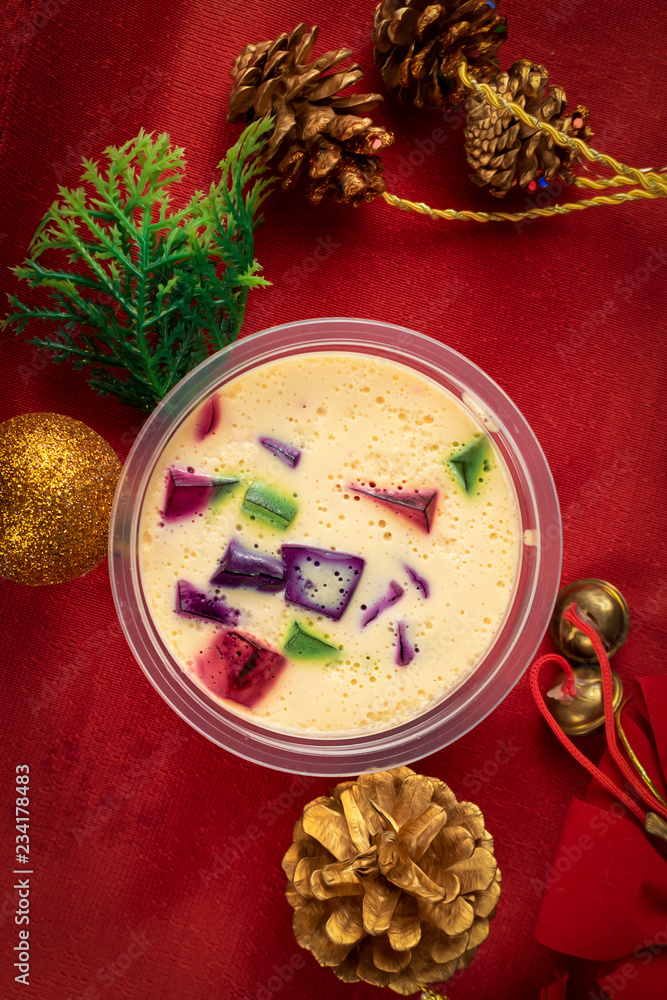 Christmas jelly, sweet very famous in Brazil. Brazilian Christmas colorful candy on the table on the red table cloth. Christmas jelly, sweet very famous in Brazil. Brazilian Christmas colorful candy on the table on the red table cloth.