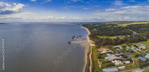 Aerial panorama of ocean coastline near Grantville, Victoria, Australia