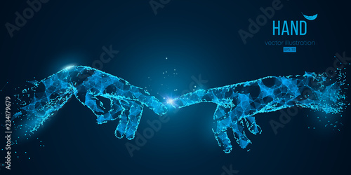 Abstract two hands touching moments from particles, lines and triangles on blue background. Technology. Elements on a separate layers color can be changed to any other in one click vector illustration