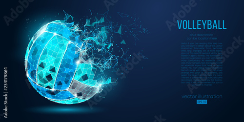 Abstract silhouette of a volleyball ball from particles, lines and triangles on blue background. Neon light. Elements on a separate layers color can be changed in one click. Vector illustration