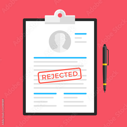 Rejected document, application form, submission, resume. Clipboard and document with rejected stamp and pen. Flat design. Vector illustration