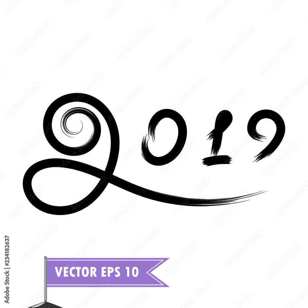 New year 2019 Christmas. Hand drawn lettering brush, numbers. Vector element, design isolated on white background. New year 2019 Christmas. Hand drawn lettering brush, numbers. Vector element, design isolated on white background.