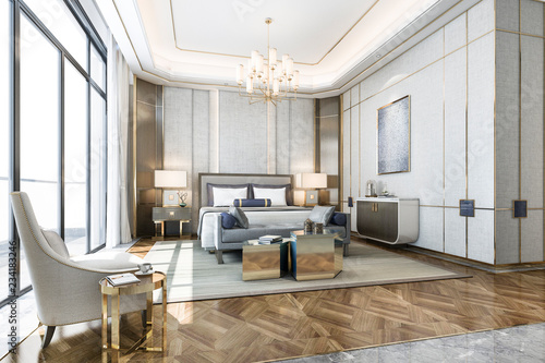 3d rendering beautiful classic luxury bedroom suite in hotel with tv