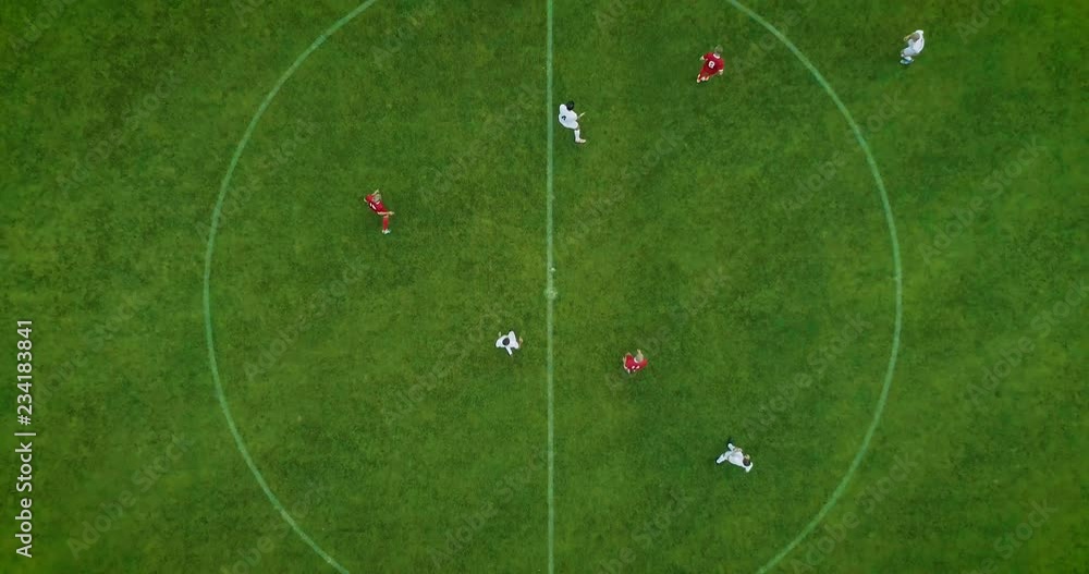 Aerial Top Down View of Soccer Field and Two Professional Teams Playing ...