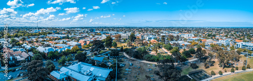 Aerial panorama of Melbourne suburbs on bright summer day