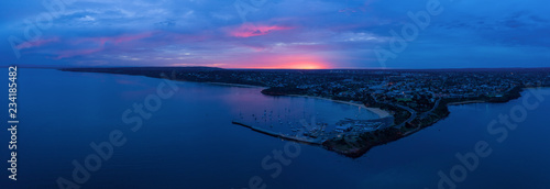 Aerial panoramic landscape of Mornington suburb and pier at sunrise