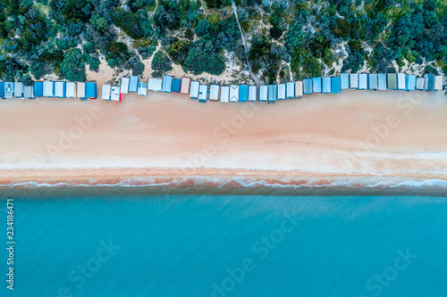 Beautiful bathing boxes at Mount Martha beach with copy space. Melbourne, Australia