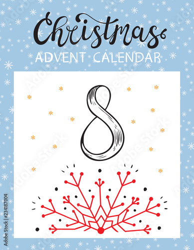 Christmas Advent Calendar Printable card. Tear-Off Calendar Page. Snowflake. December Day 8