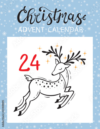 Christmas Advent Calendar Printable card. Tear-Off Calendar Page. Christmas reindeer. Deer. December Day 24