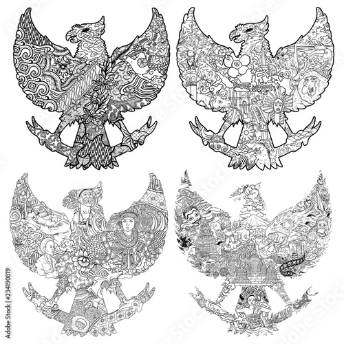 beautiful indonesia in garuda silhouete black and white illustration