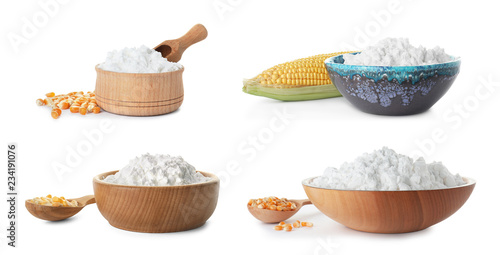 Set with corn starch and kernels on white background