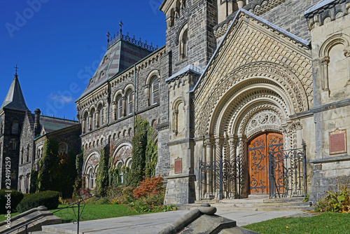 TORONTO - NOVEMBER 2018:  University College, the original 1850 building of the University of Toronto, is an example of the Norman Gothic architectural style.