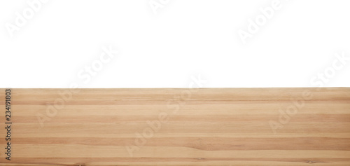 Stylish wooden table top against white background