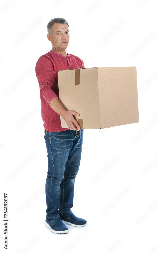 Full length portrait of mature man carrying carton box on white background. Posture concept Full length portrait of mature man carrying carton box on white background. Posture concept