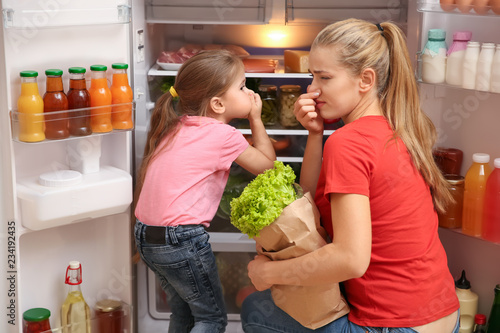 Young mother and daughter holding noses cause of bad smell from refrigerator at home
