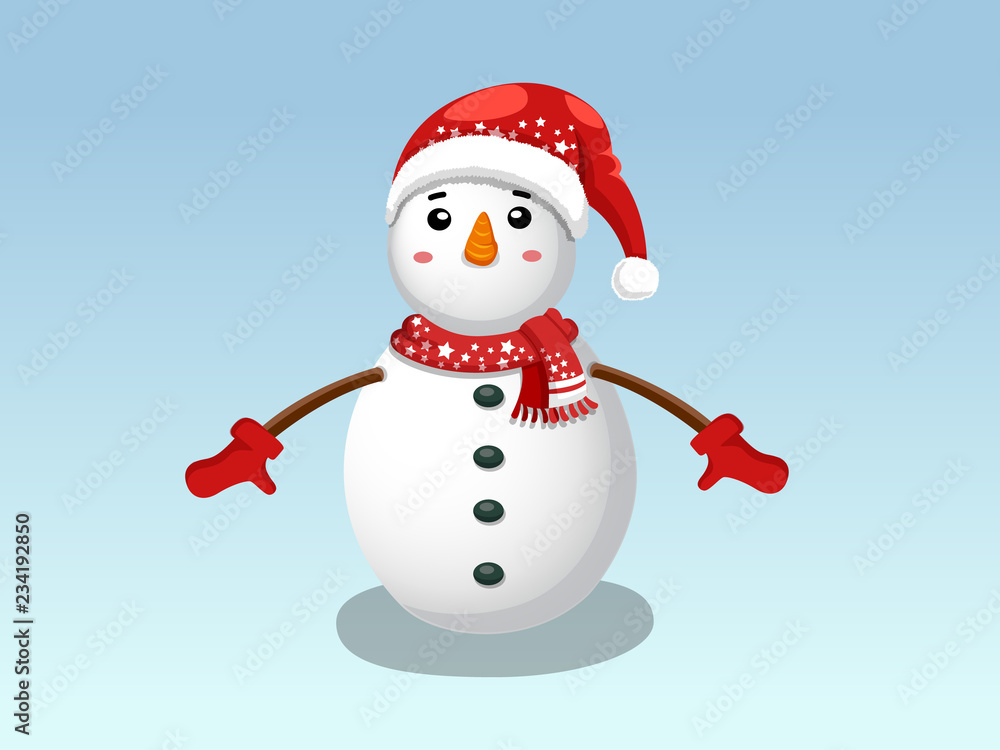 Cute Funny Snowman isolated on blue background.  Merry Christmas and happy new year. decorative element on holiday. Vector illustration.