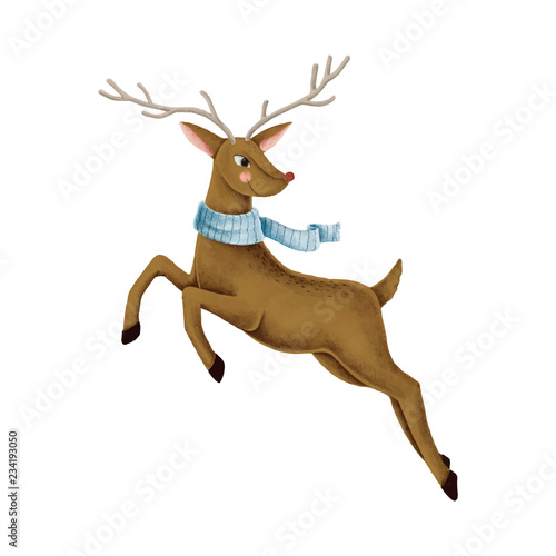 A jumping red nose reindeer illustration