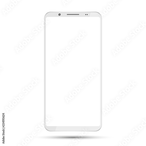 Smartphone mockup with blank screen isolated on white background. White color digital gadget template.