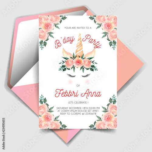 Magical Unicorn Birthday Invitations with watercolor flower peach